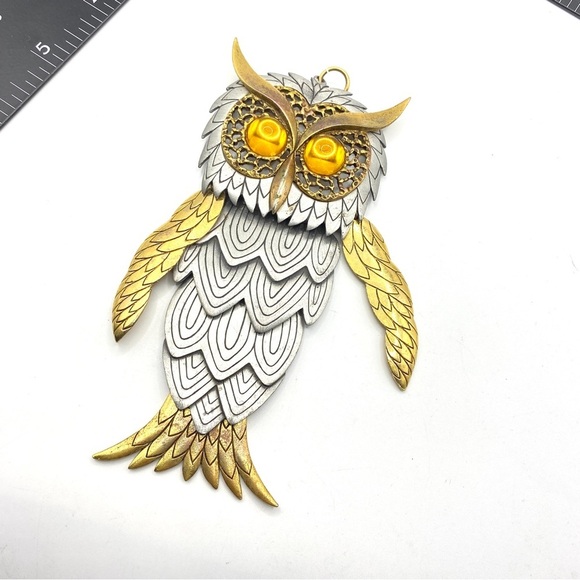 Vintage Owl Pendant Articulated Pewter & Gold Mixed Metals - Picture 5 of 8